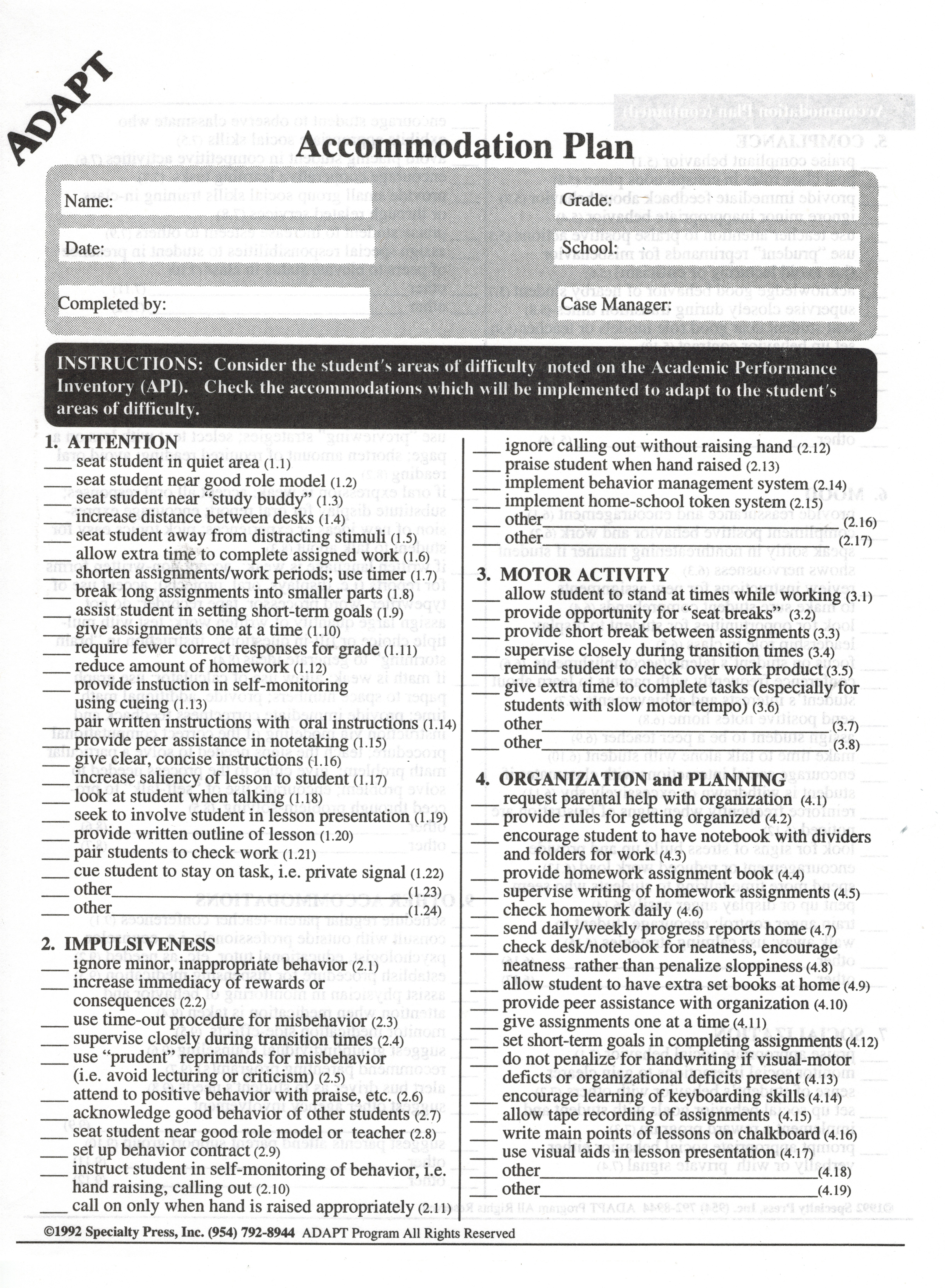 ADAPT Accommodation Tracking Form