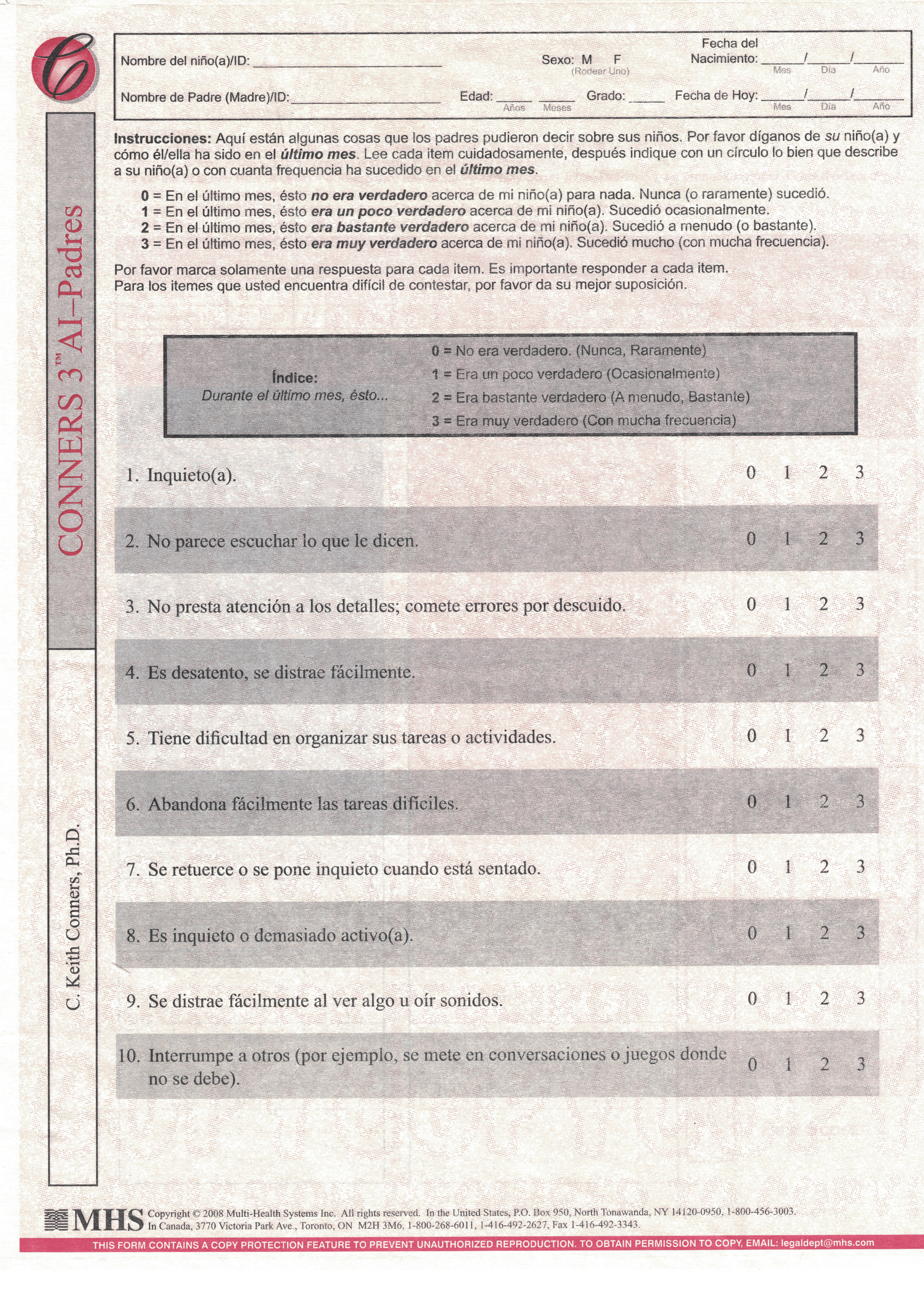 Conners 3 Global Index (GI) Padres Forms Spanish