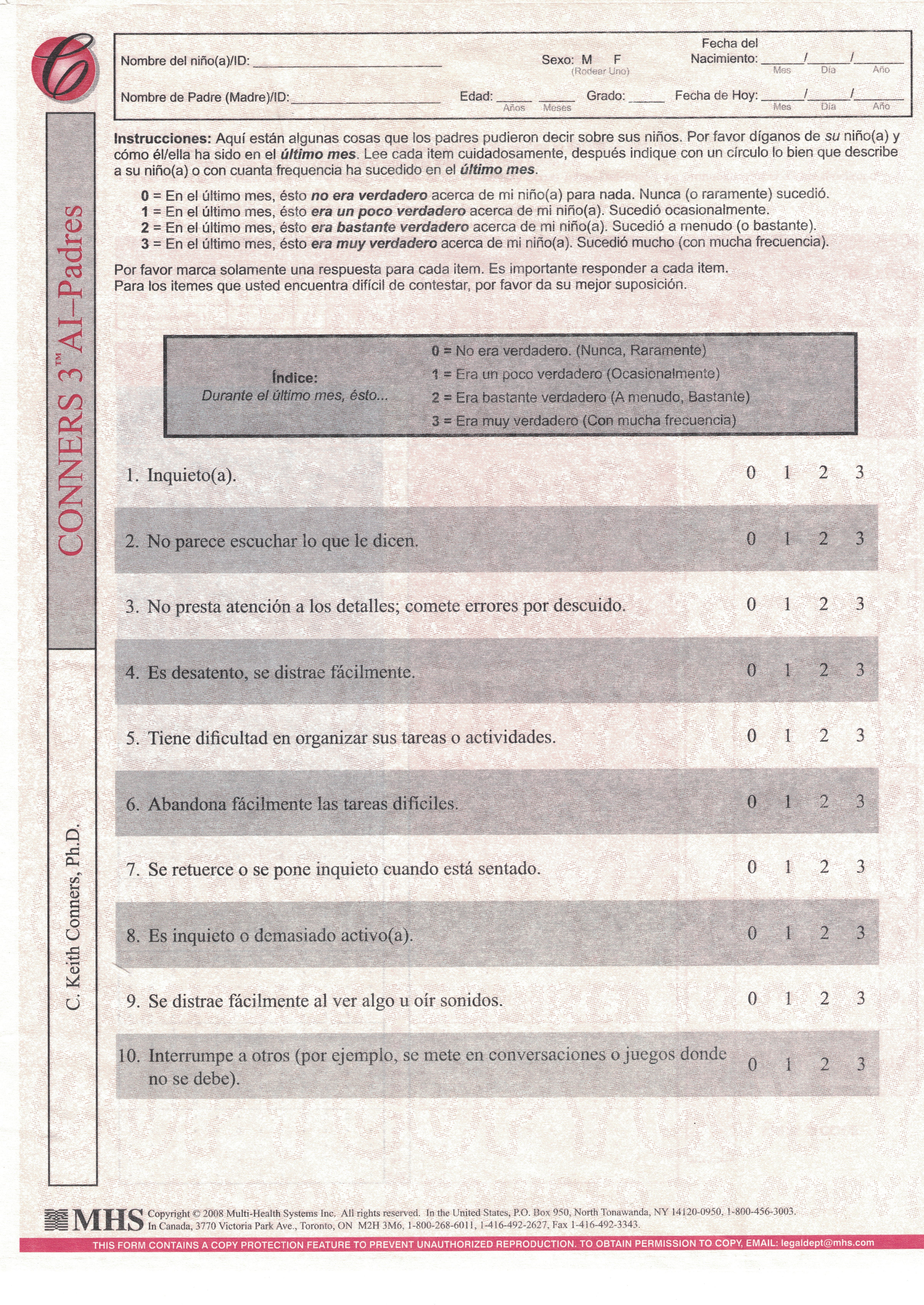 Conners 3 Global Index (GI) Padres Forms Spanish