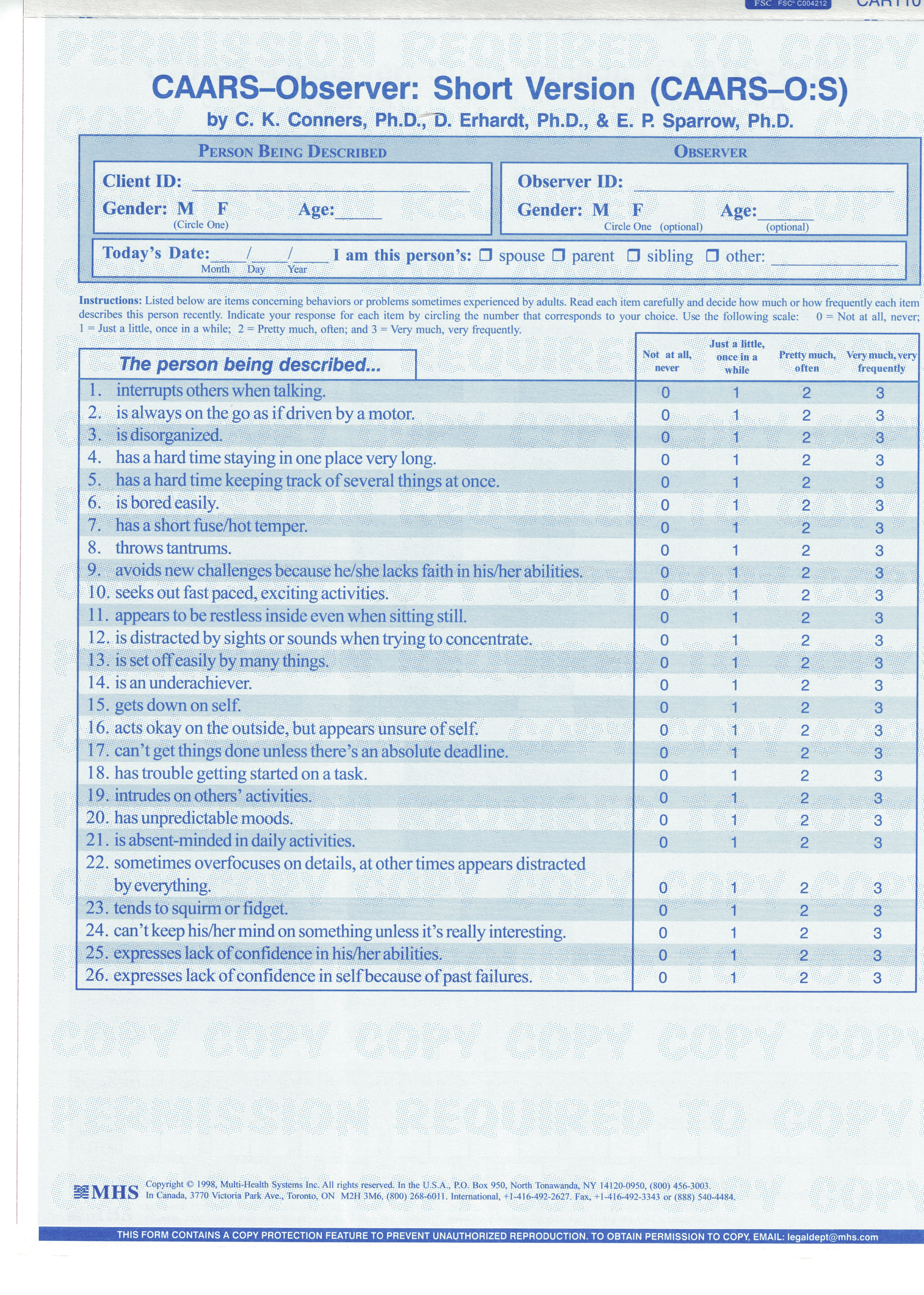 Conners CAARS Adult ADHD Rating Scales - CAARS-O-S Quikscore Forms
