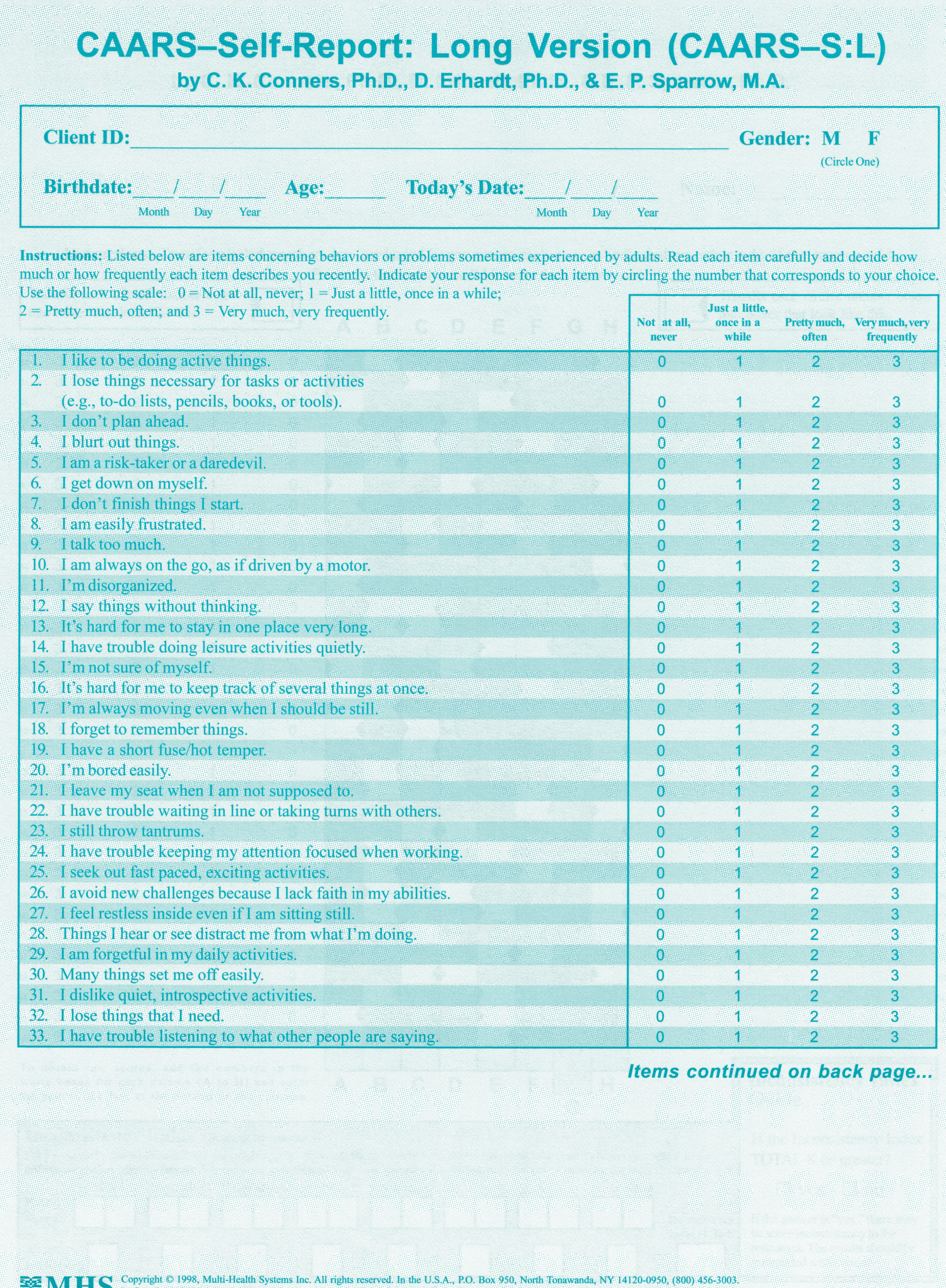 Conners CAARS Adult ADHD Rating Scales - CAARS-S-L Quikscore Forms