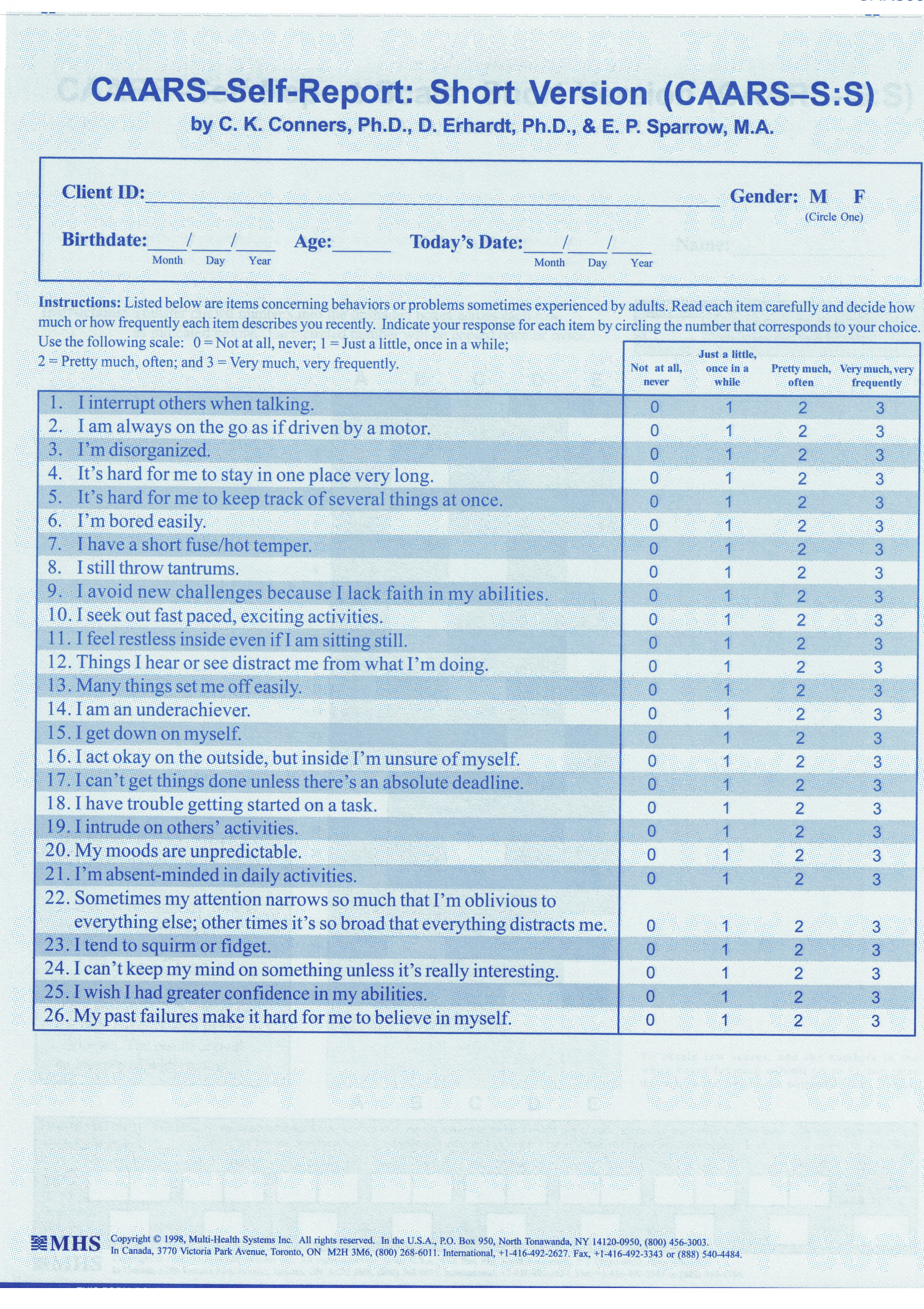 Conners CAARS Adult ADHD Rating Scales - CAARS-S-S Quikscore Forms