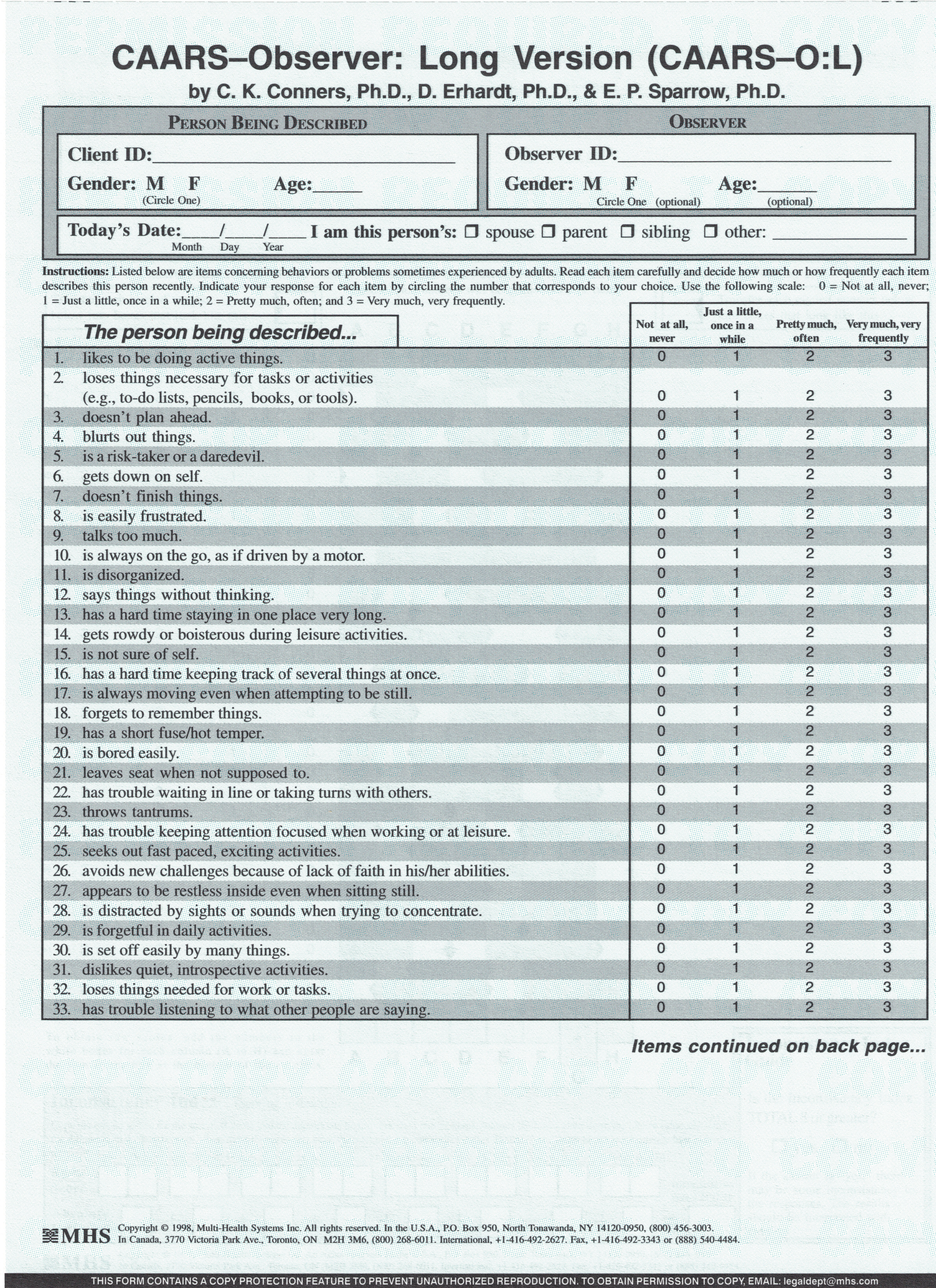 Conners CAARS Adult ADHD Rating Scales-CAARS-O-L Quikscore Forms