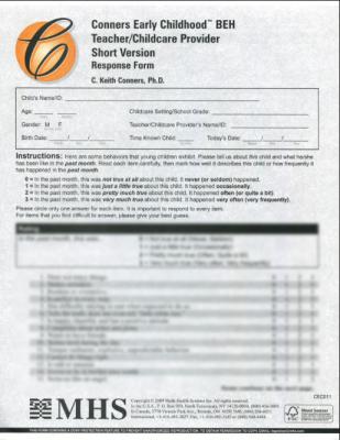 Conners Early Childhood Short Teacher Behavior Forms